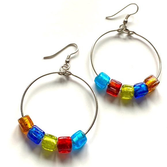 Rainbow pride bead dangle hoop silver earrings - Picture 1 of 1